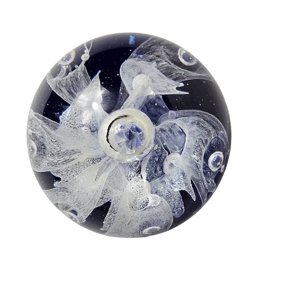 (A1374) Handcrafted Art Glass Paperweight Blue & White Swirl Flower Design Desk